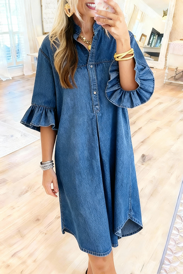 Ruffle Sleeve Half Placket Denim Dress