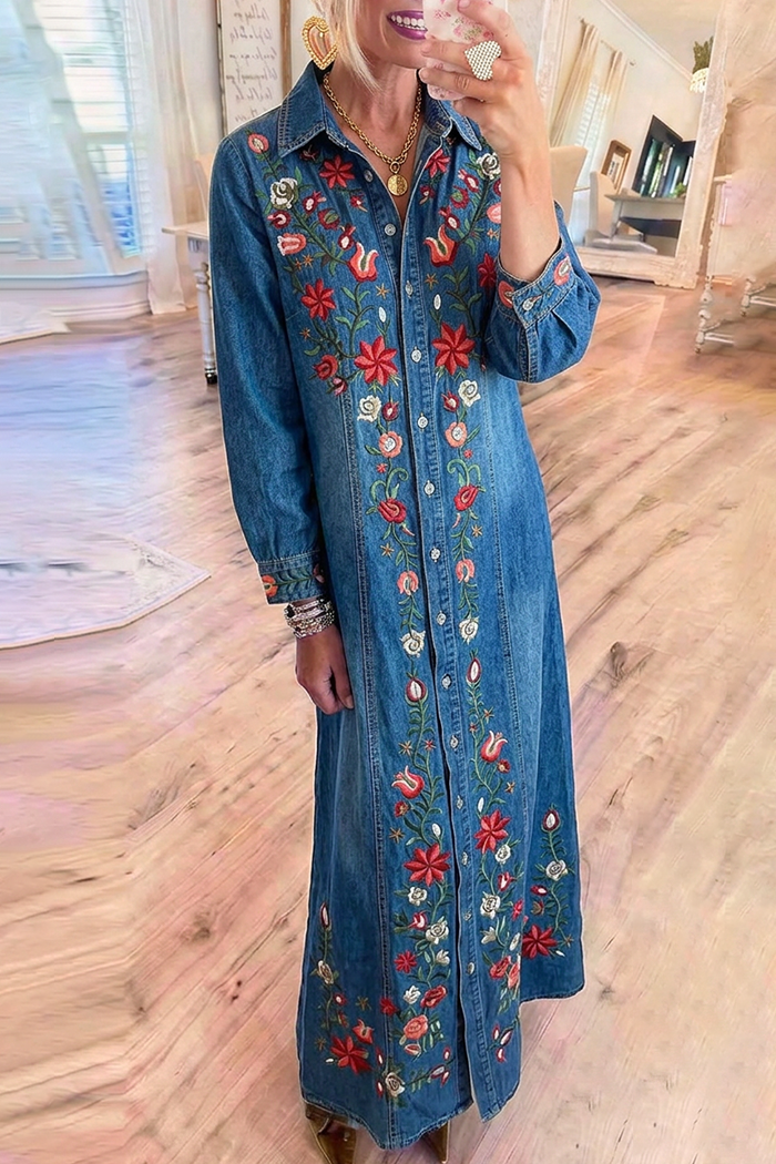 Collared Long Sleeve Button Front Floral Embroidered Denim Maxi Dress