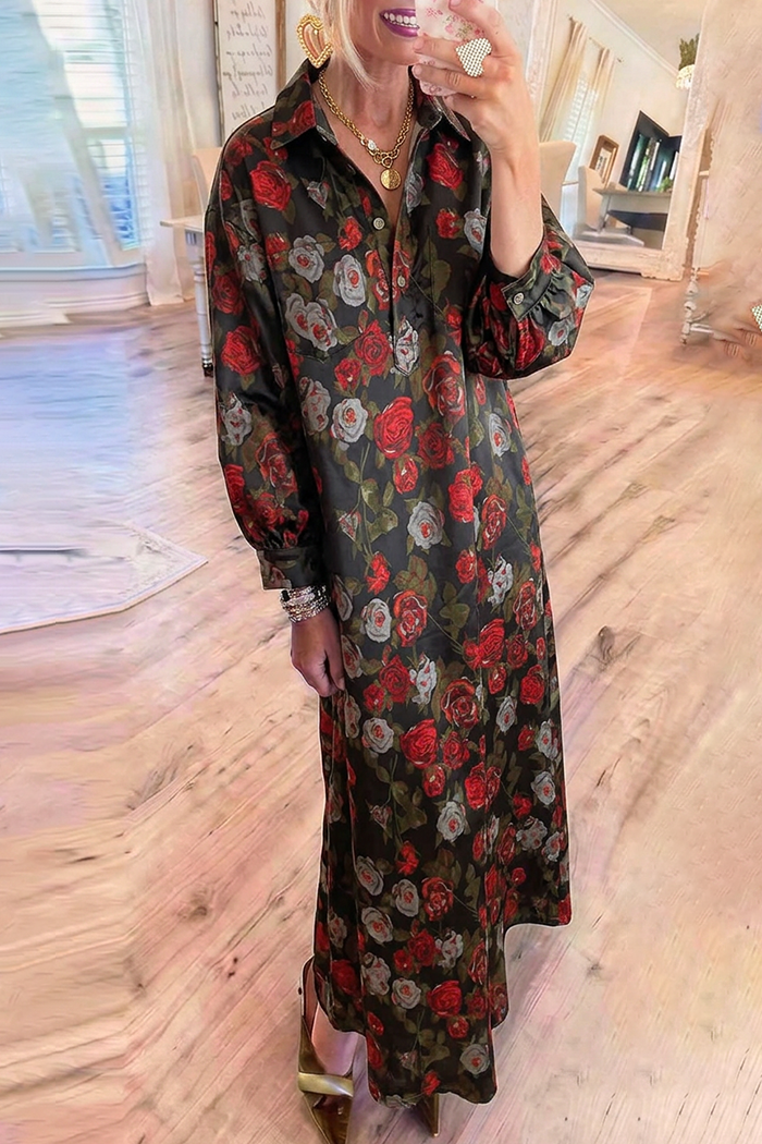 Black Rose Floral Collared Pockets Long Sleeve Maxi Dress