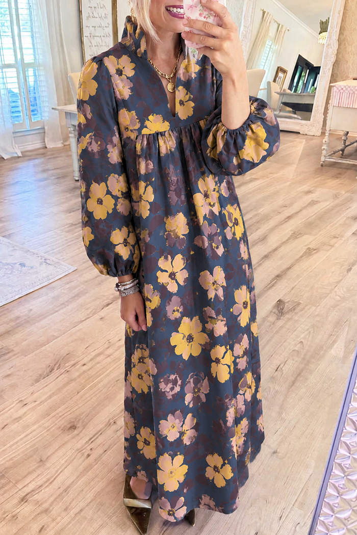 Navy Yellow Floral Stand Collar Puff Sleeve Pockets Maxi Dress