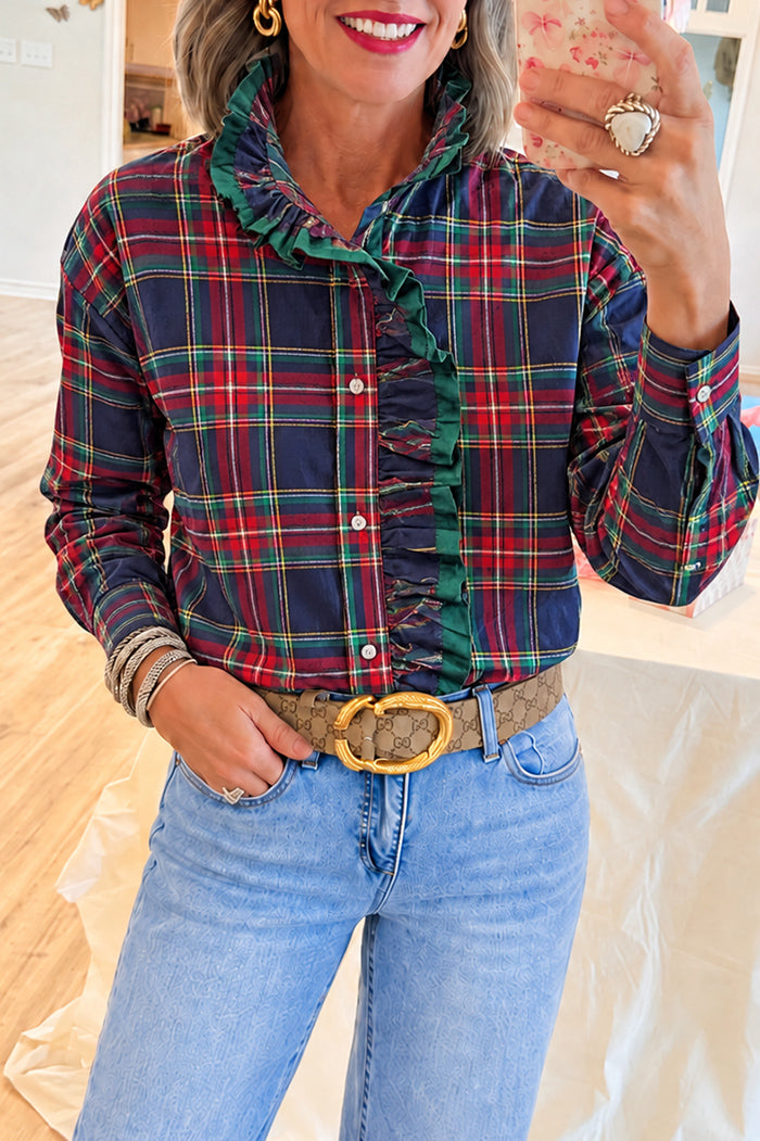 Ruffle Trim Plaid Button Top