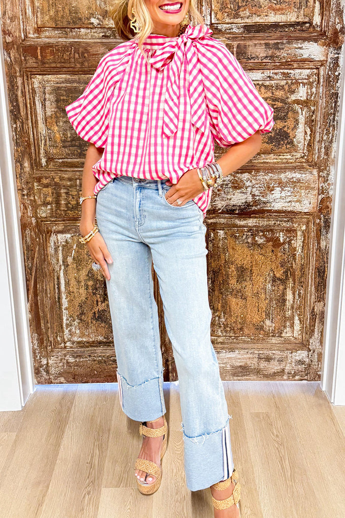 Pink Gingham Short Puff Sleeve Top