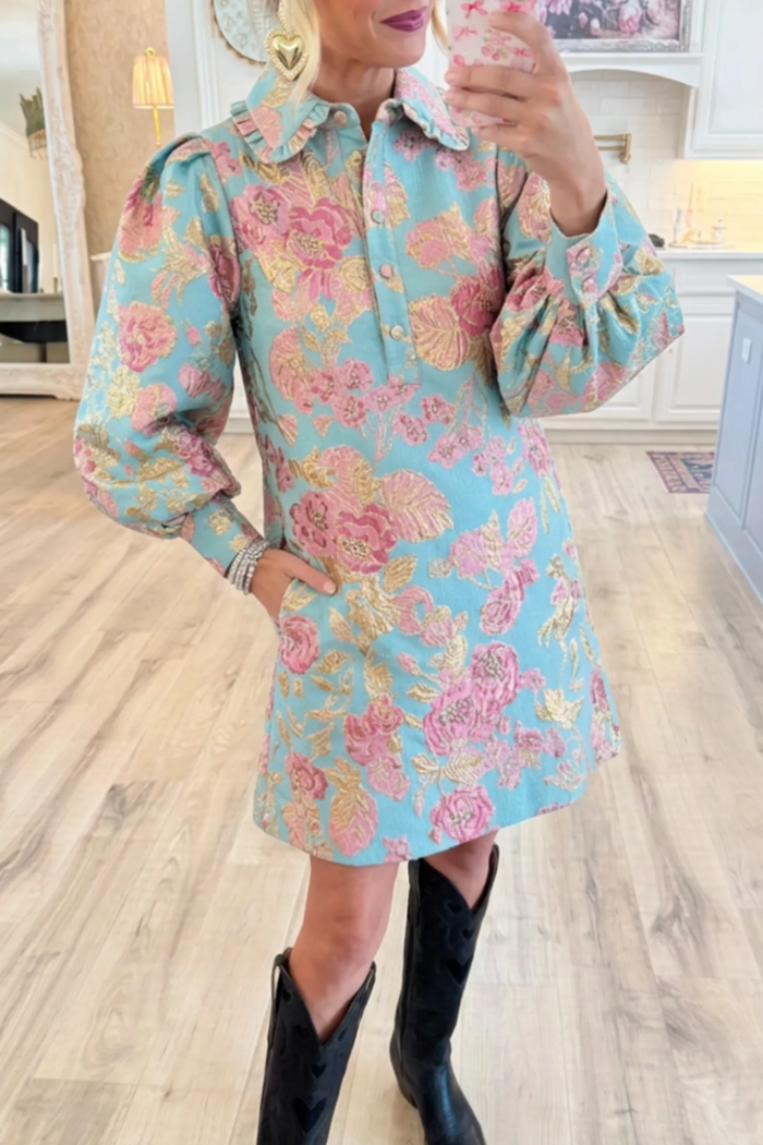 Turquoise Floral Jacquard Ruffled Collar Balloon Sleeve Side Pockets Shirt Dress