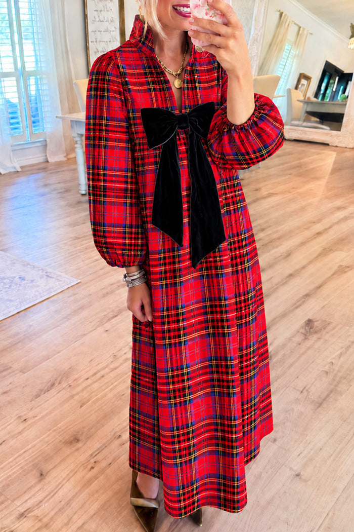 Black Bow Red Tartan Plaid Maxi Dress