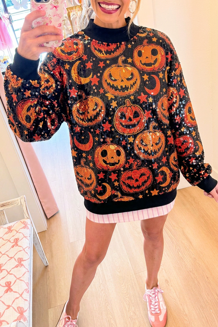 Black Sequin Halloween Pumpkin Motif Mock Neck Sweatshirt