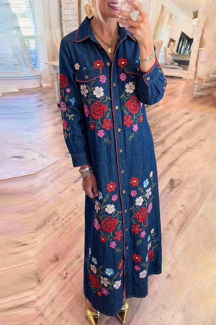 Dark Denim Collared Floral Embroidery Maxi Dress