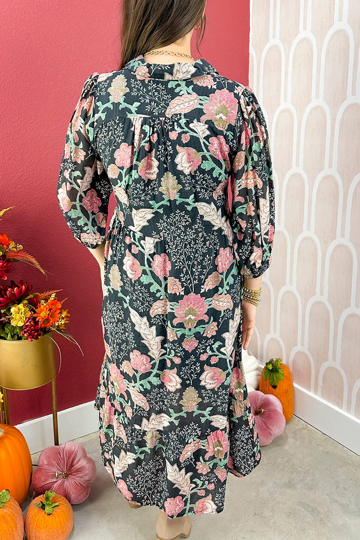 3/4 Sleeve Floral-Print Midi Dress