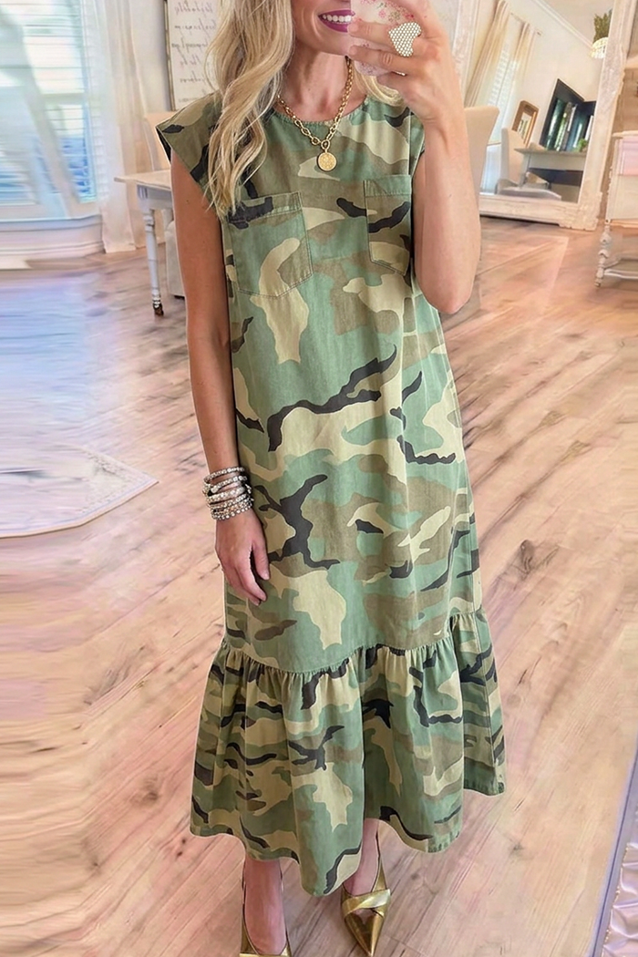 Camo Pocket Ruffle Hem Dress