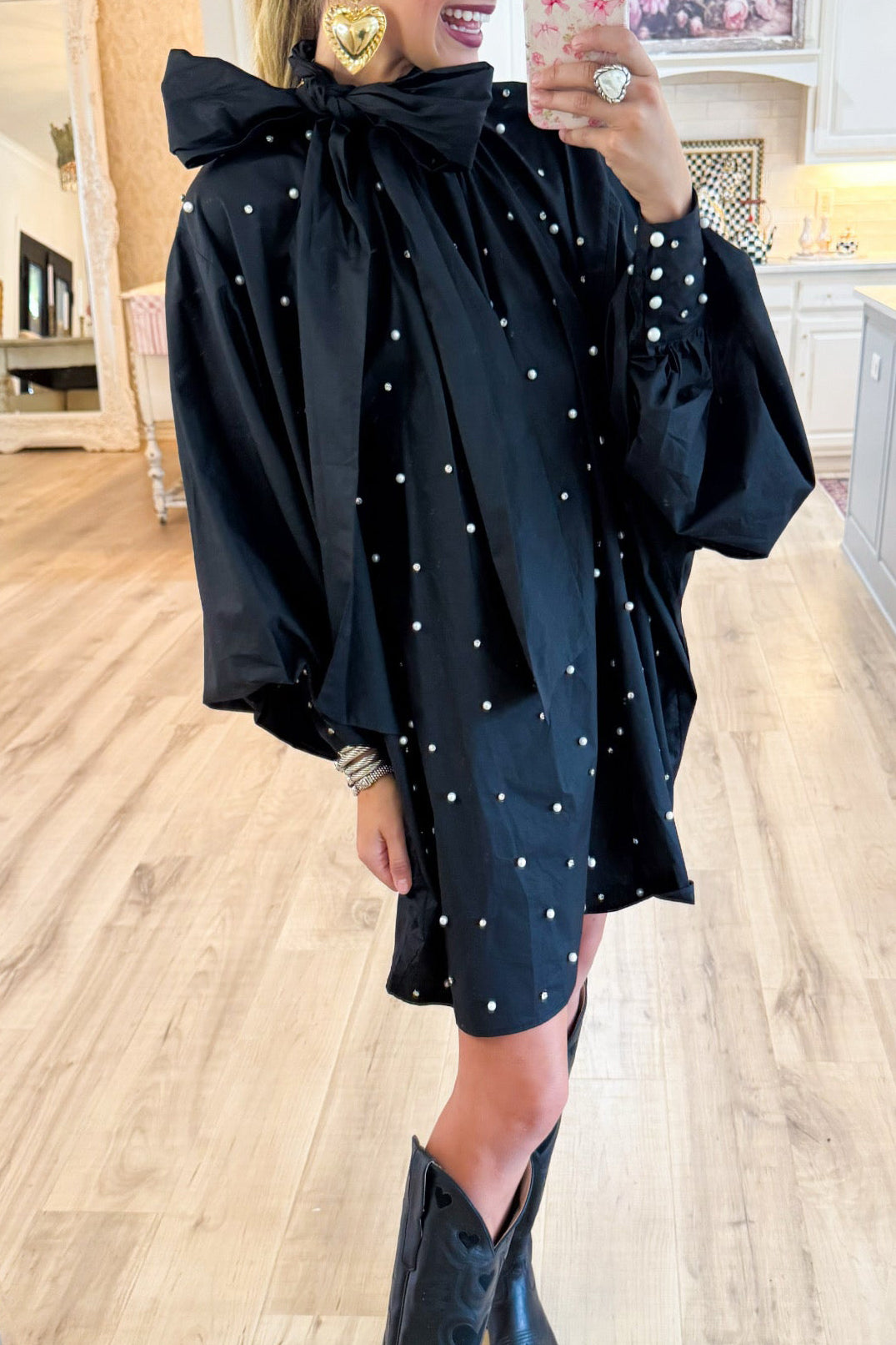 Pearl Embellished Balloon Sleeve Dress