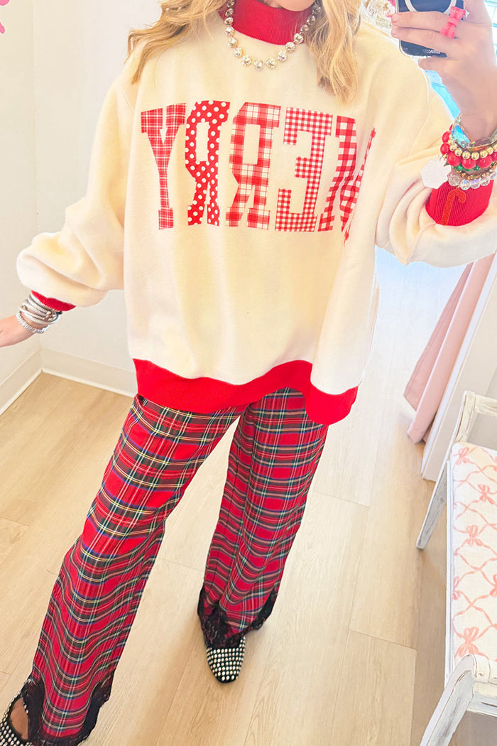 Red Plaid Lace Hem Pants