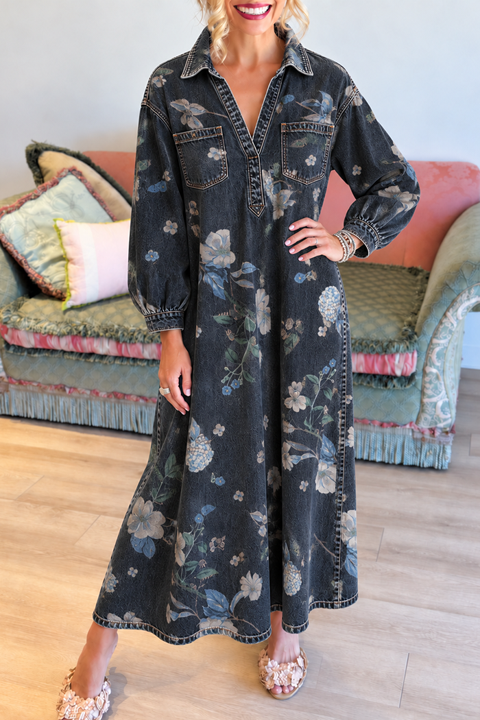 Dark Floral Denim Pocket Maxi Dress