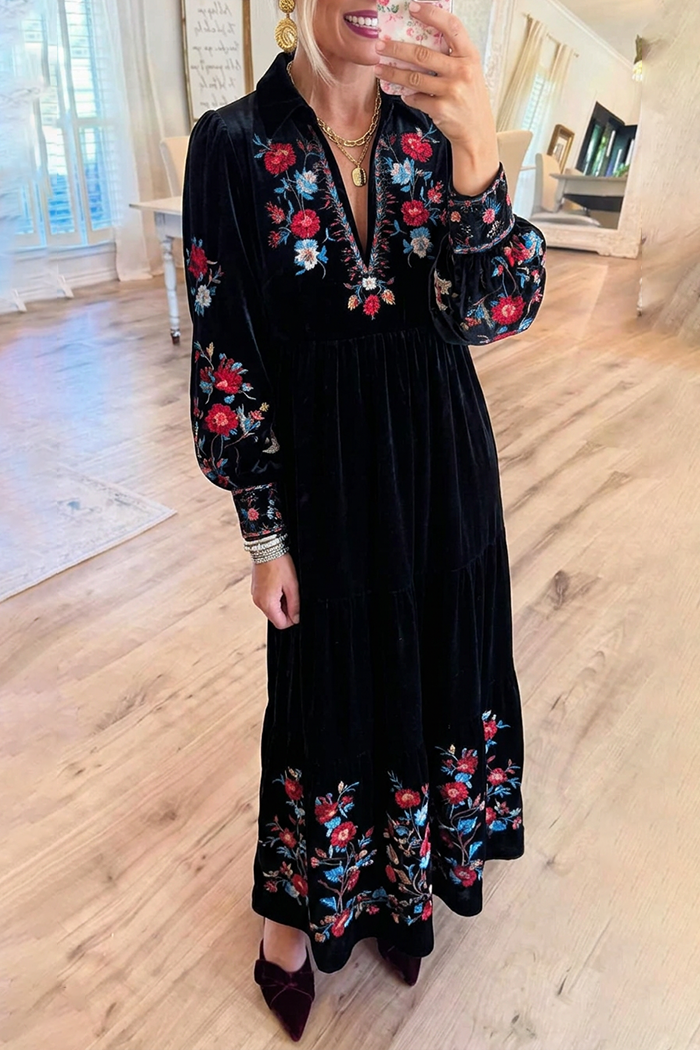 Black Velvet Notch Split Neck Tiered Hem Colorful Floral Maxi Dress