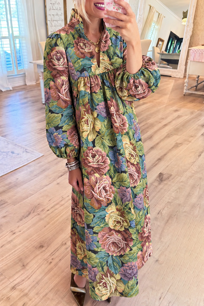 Vintage Floral Stand Collar Long Sleeve Maxi Dress