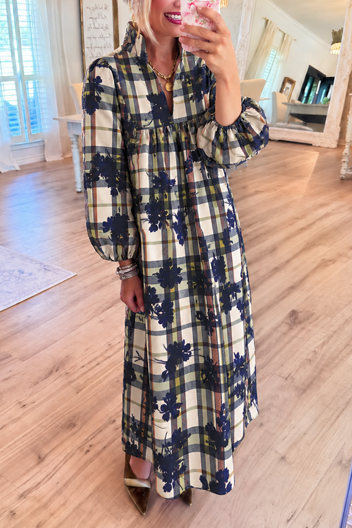 Plaid Floral Balloon Long Sleeves Pocket Maxi Dress