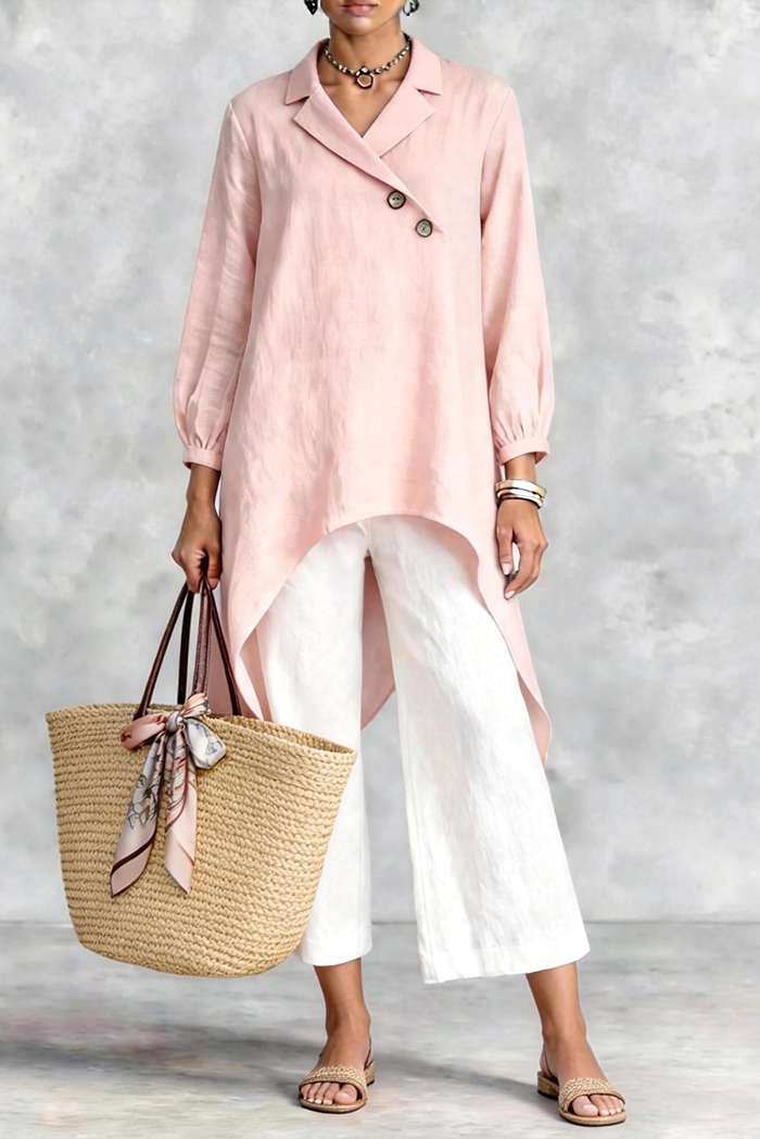 Notched Lapel Asymmetric Hem Wide Leg Set