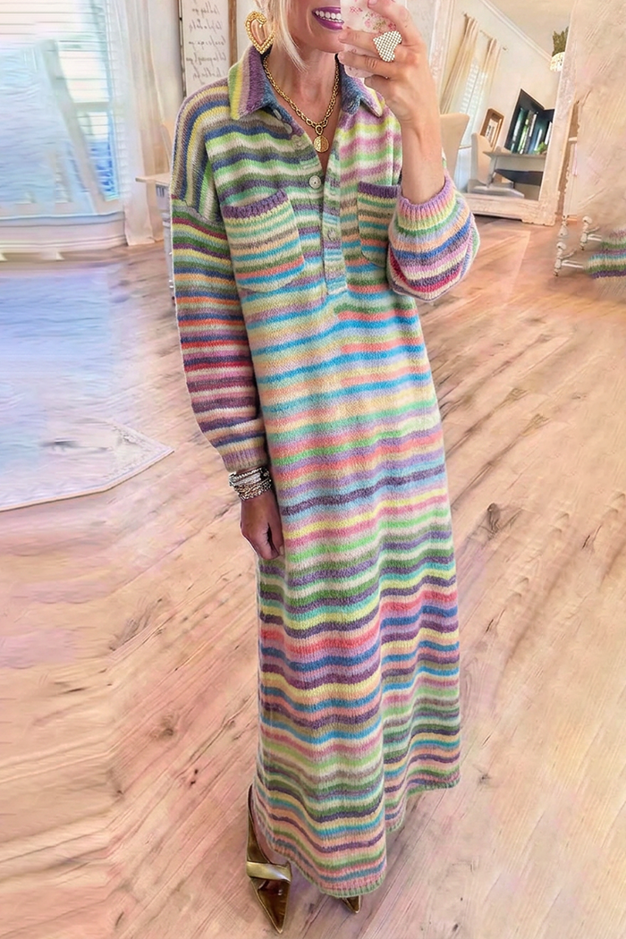 Stripe Knit Collared Half Button Pockets Long Sleeve Maxi Dress