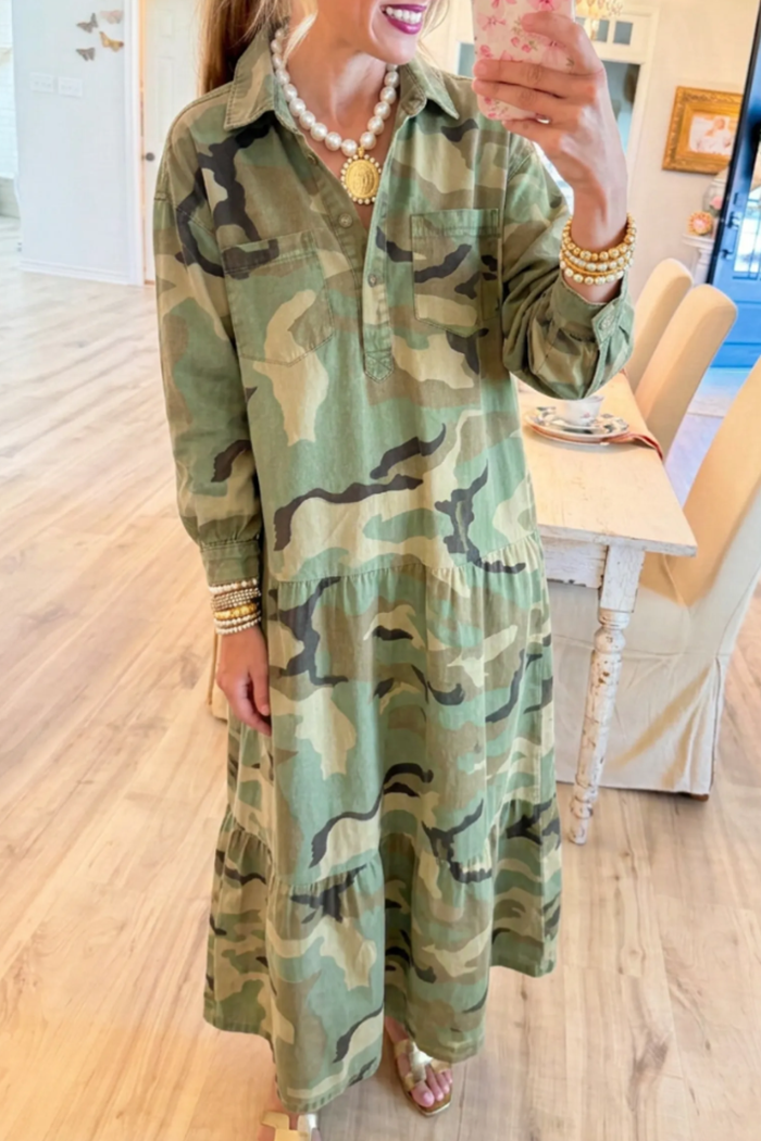 Collared Henley Placket Chest Pocket Tiered Hem Camo Maxi Dress