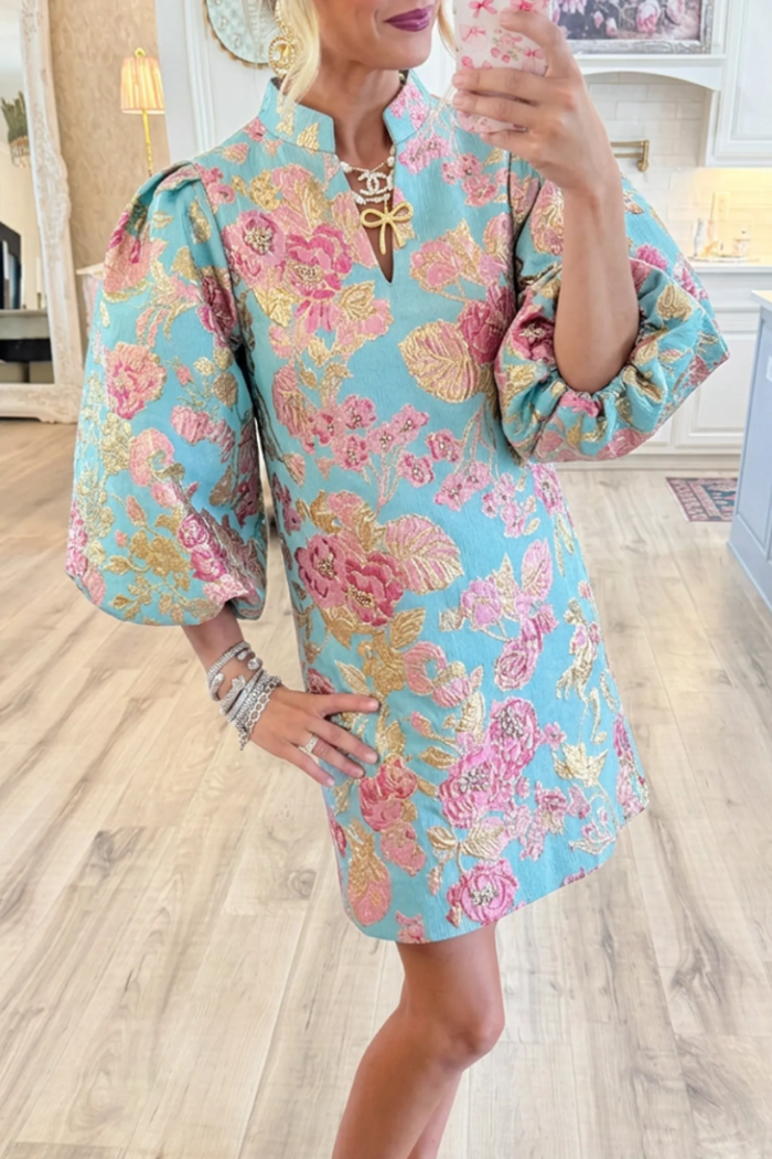 Turquoise Floral Jacquard Puff Sleeve Dress