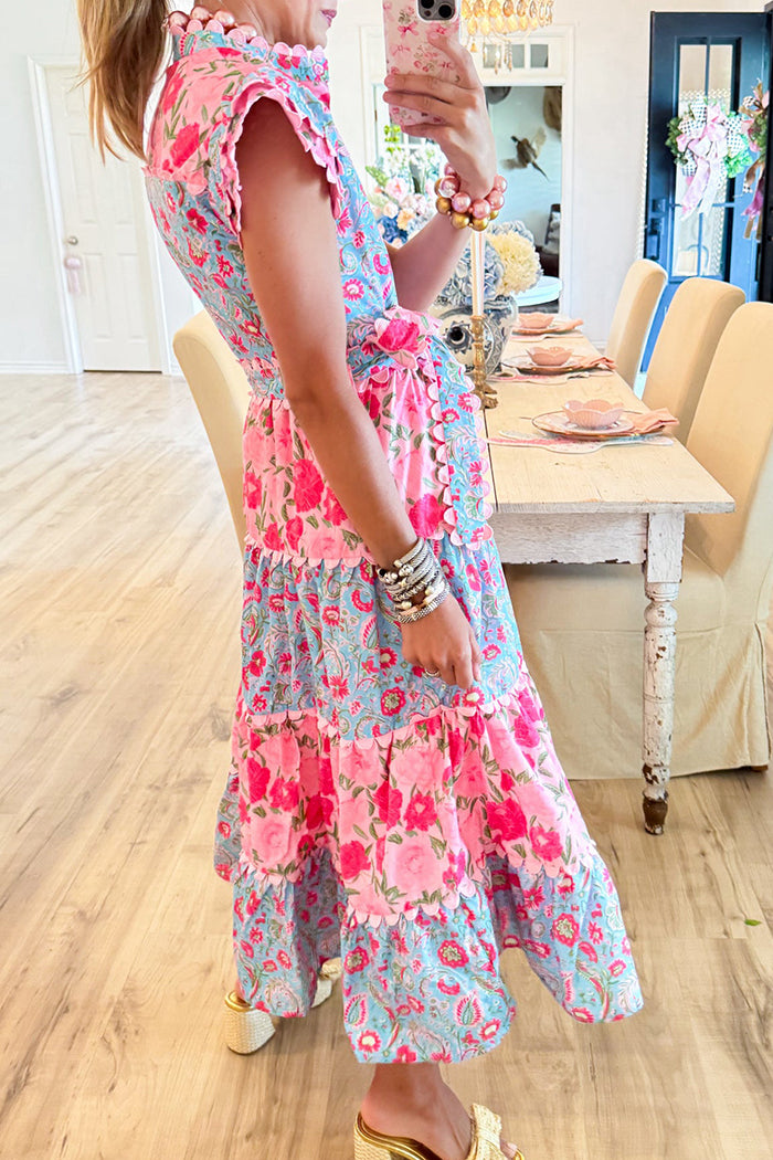 Pink Floral Flutter Sleeve Scallop Trim Tiered Dress