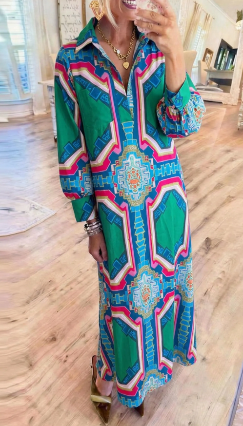 Casual Geometric Print Shirt Maxi Dress