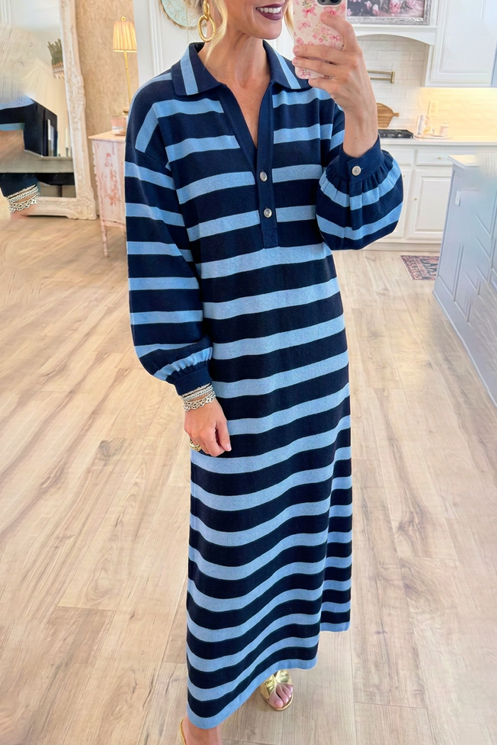 Stripe Collared Henley Puff Sleeve Knit Maxi Dress