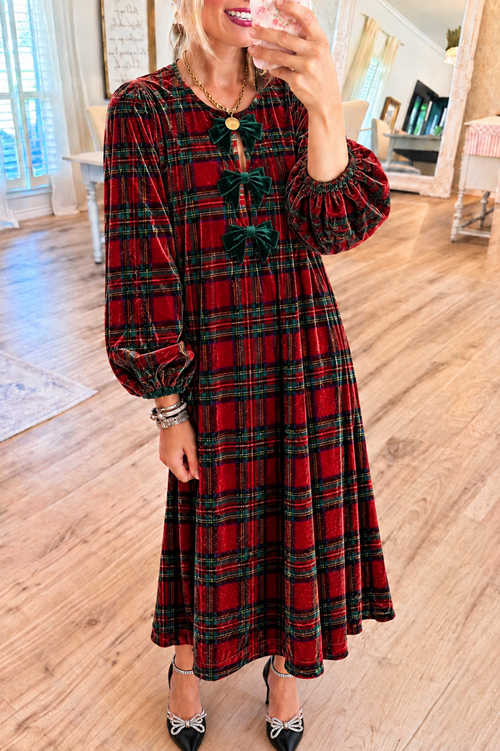 Christmas Plaid Green Bow Velvet Maxi Dress