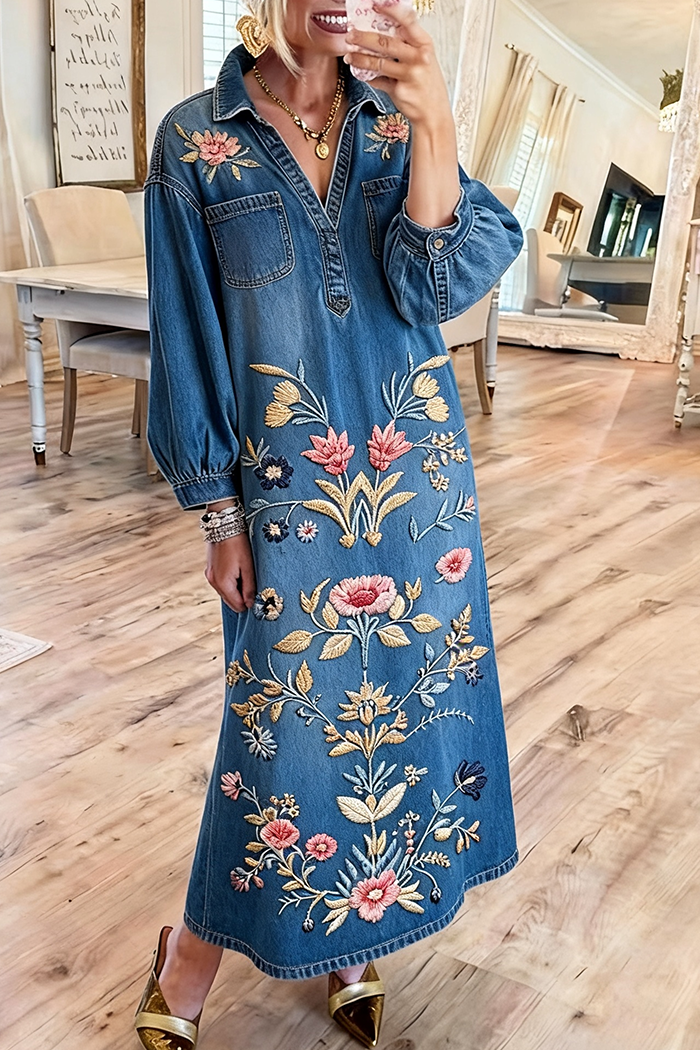 Denim Chest Pockets Floral Embroidered Maxi Dress