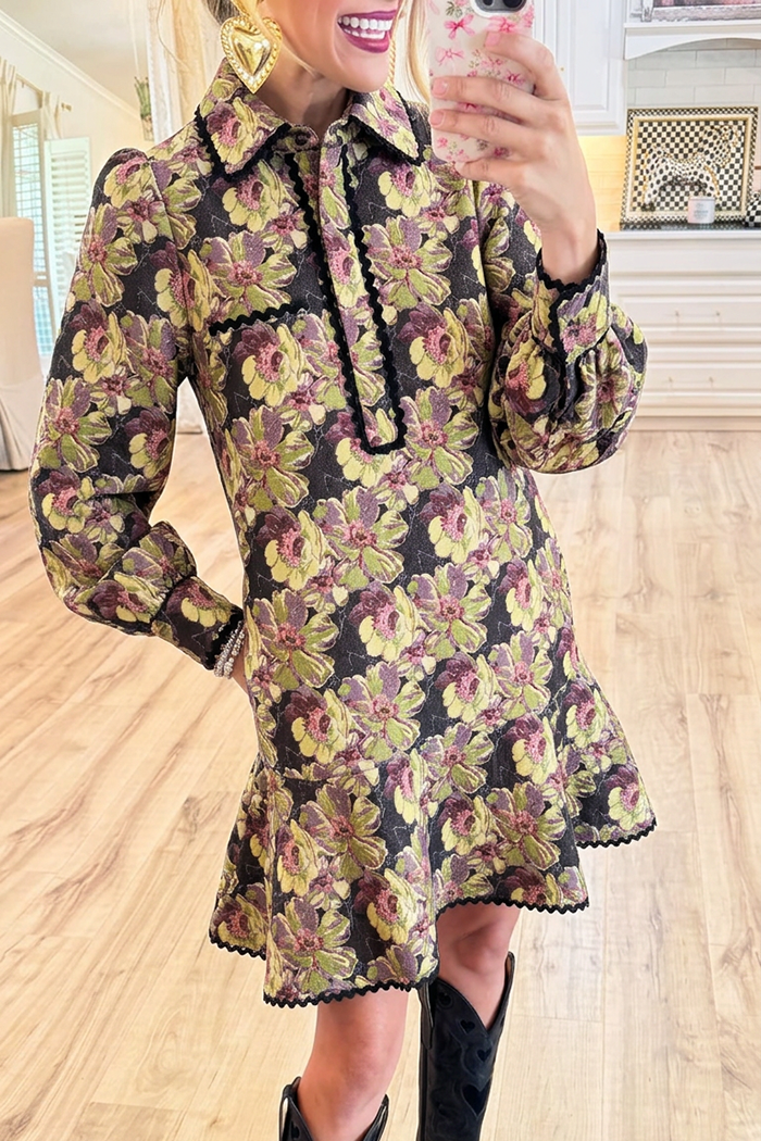 Floral Jacquard Shirt Collar Puff Sleeves Ruffle Hem Pockets Dress