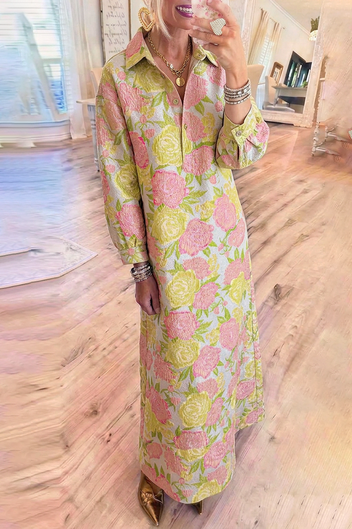 Floral Jacquard Collared Half Button Long Sleeve Maxi Dress