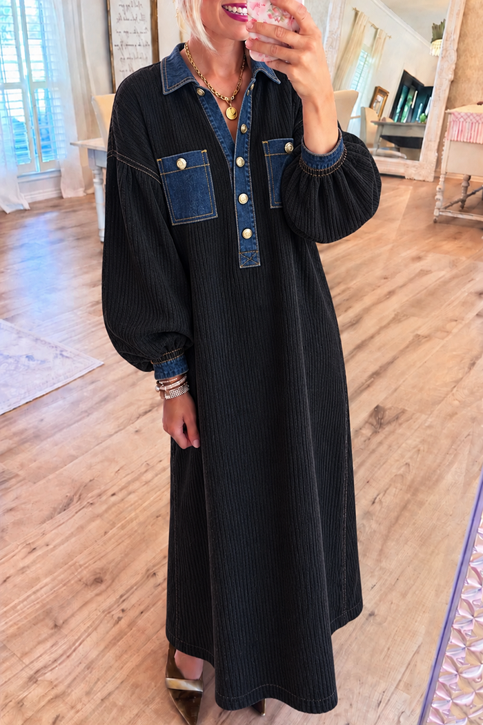Rib Knit Contrast Denim Pockets Maxi Dress