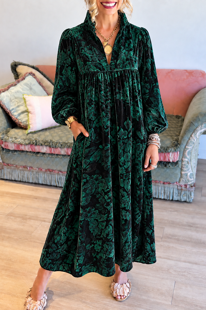 Velvet Green Floral Stand Collar Pockets Maxi Dress