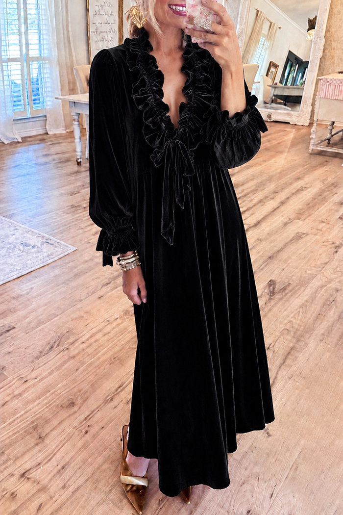 Black Velvet Ruffle Tie Neck Lantern Sleeve Maxi Dress