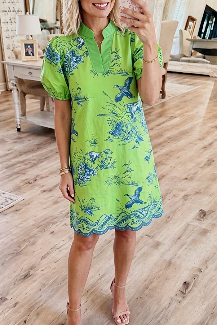 Puff Sleeve Scallop Hem Print Dress
