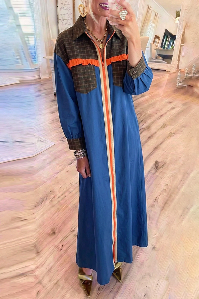 Blue Plaid Patchwork Collared Zip Front Ruffle Long Sleeve Maxi Dress