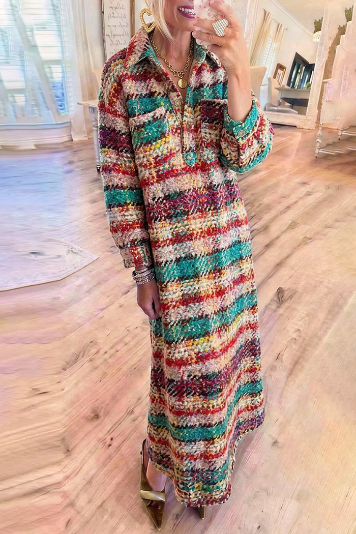 Multicolor Tweed Stripe Pocket Maxi Dress