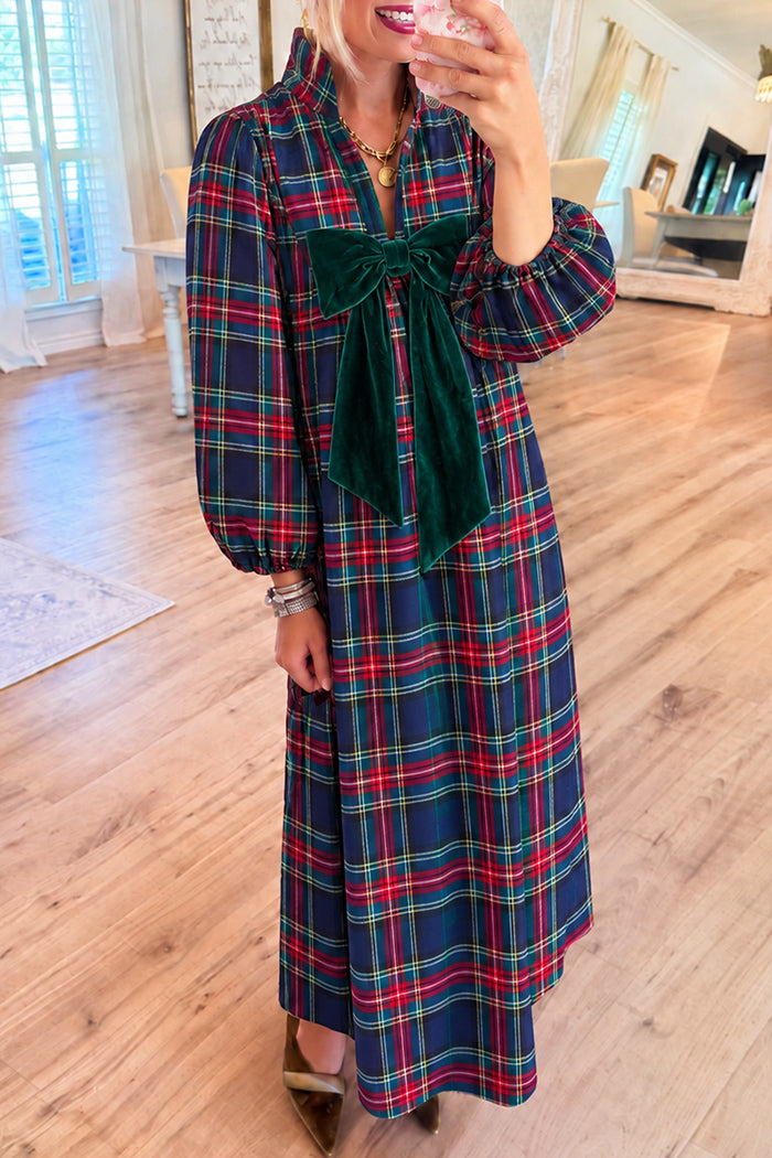 Navy Plaid Green Velvet Bow Maxi Dress