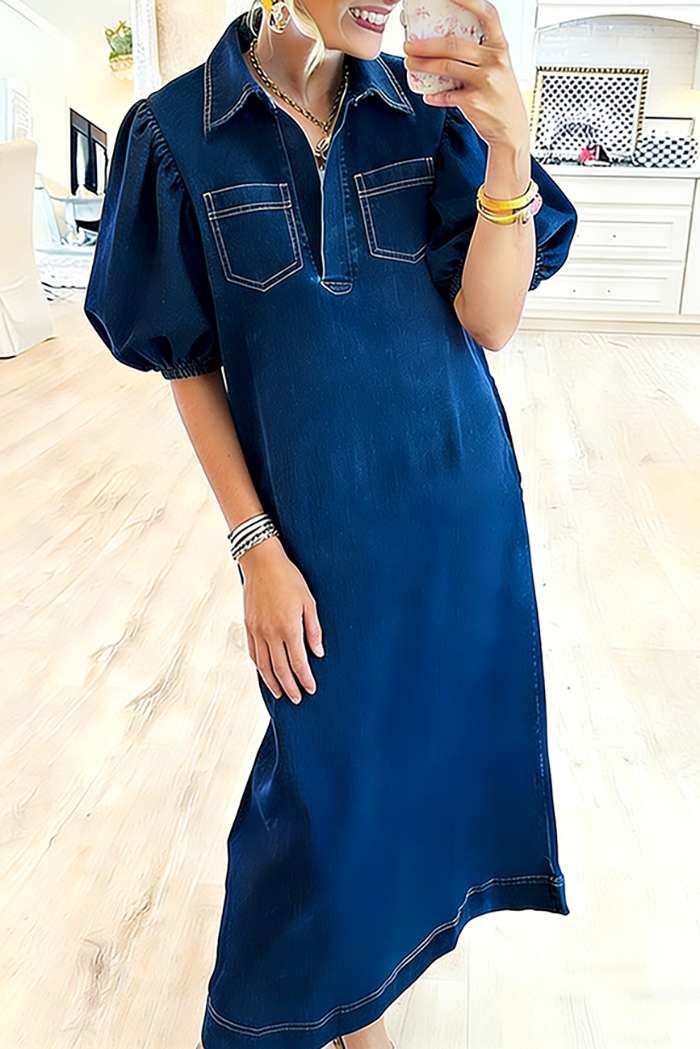 Collared Puff Sleeve Chest Pocket Denim Maxi Dress