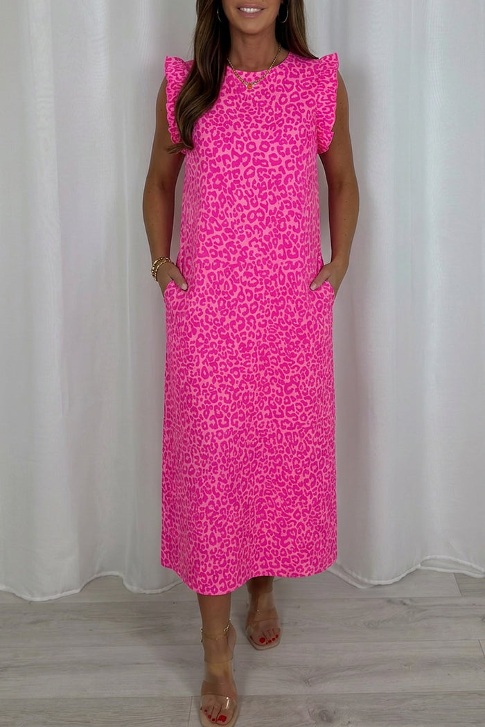 Ruffle Trim Leopard Pocket Maxi Dress