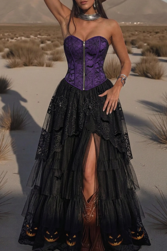 Purple Black Halloween Lace Strapless Slit Layered Corset Dress