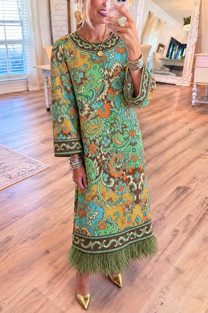 Paisley Pattern Feather Hem Pocket Maxi Dress