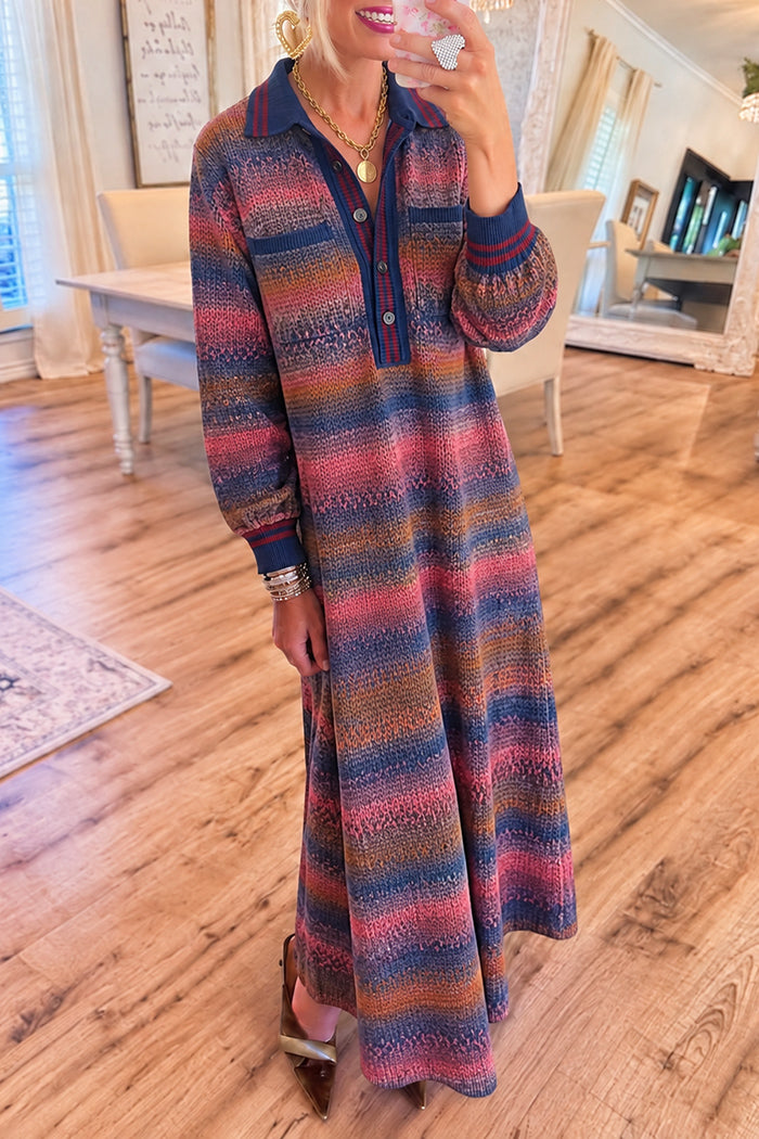 Knitted Gradient Stripe Pocket Maxi Dress