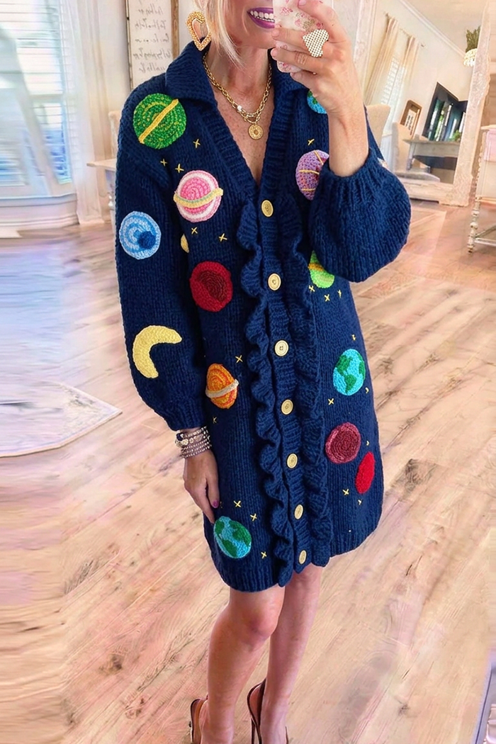 Navy Chunky Knit Planet Crochet Pockets Dress