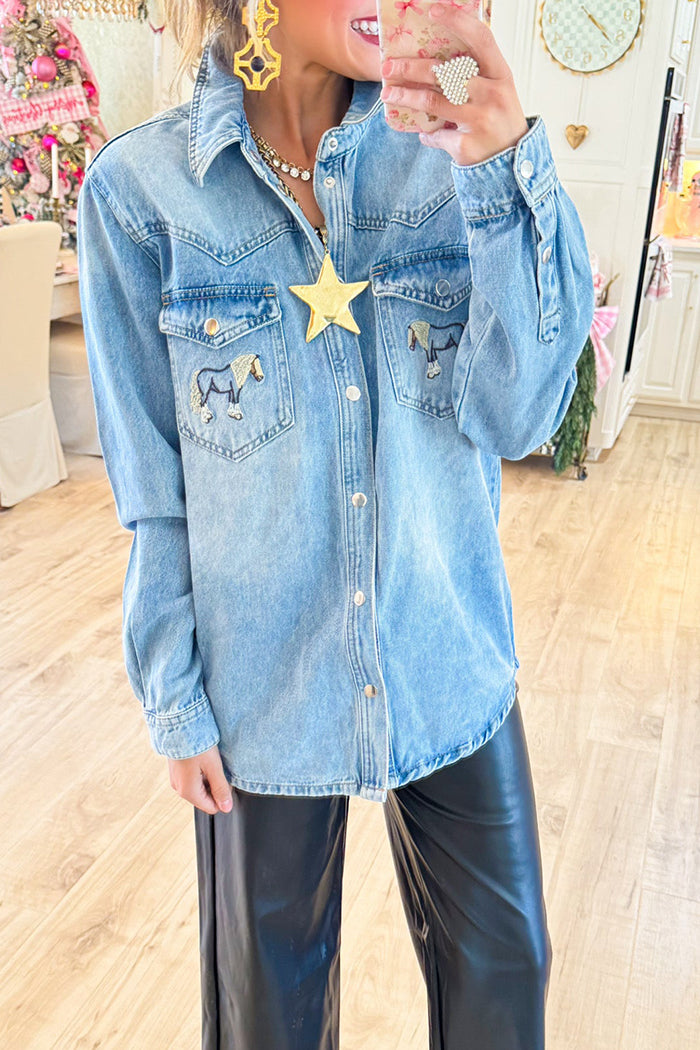 Pocketed Denim Western Embroidered Jacket