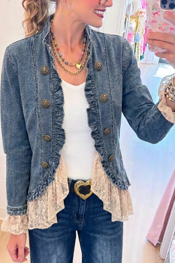 Casual Ruffles Lace Splicing Denim Jacket