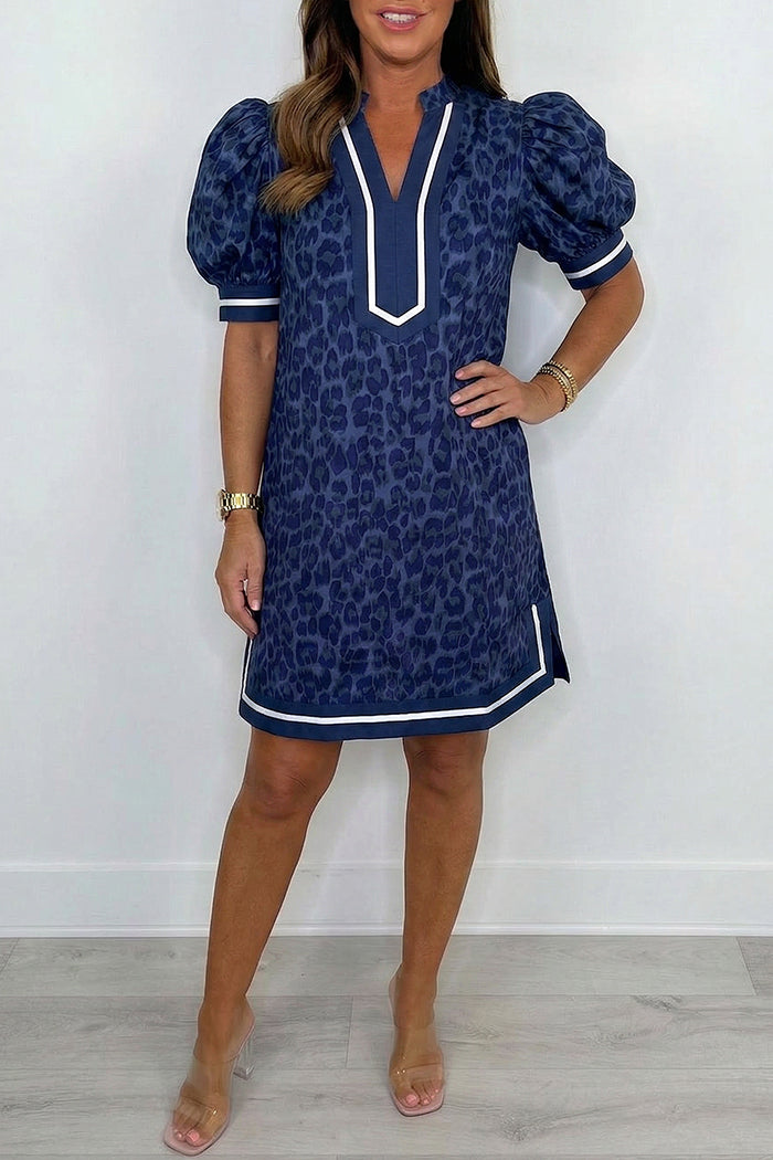 Leopard Puff Sleeve Contrast Trim Dress