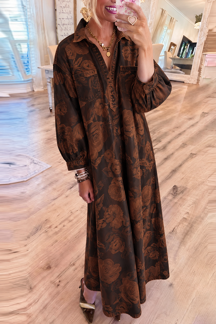 Brown Denim Rose Floral Pocket Maxi Dress