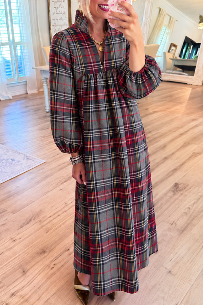 Grey Plaid Bubble Sleeve Maxi Dress