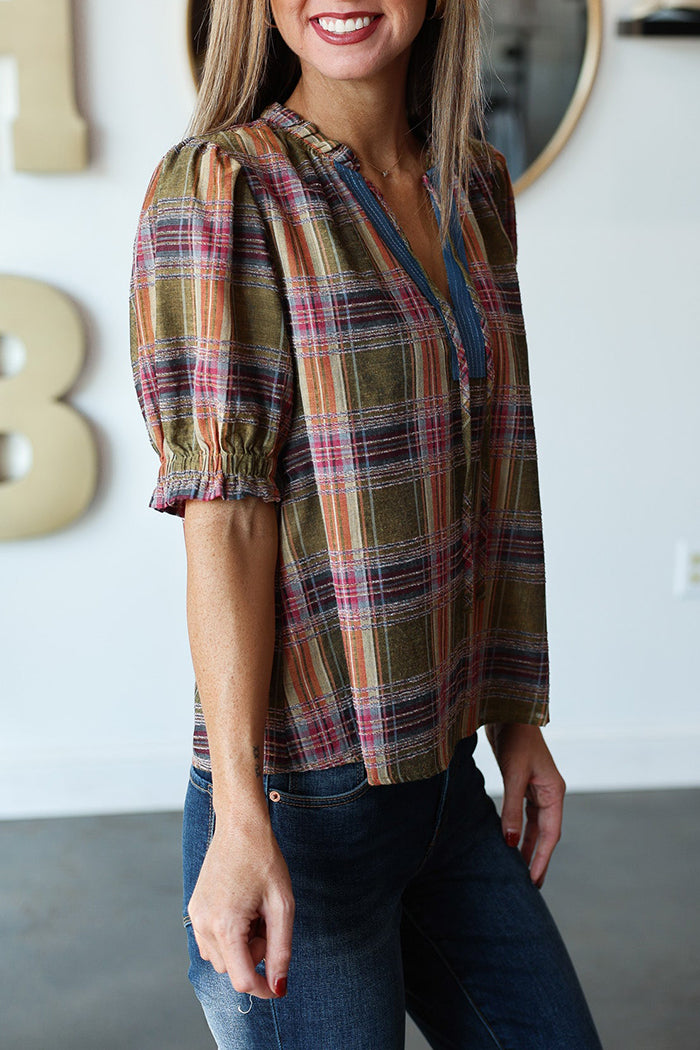 V-Neck Plaid Elastic Cuff Top