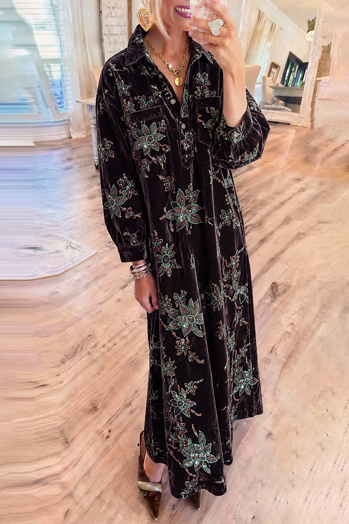 Black Floral Embroidery Velvet Pockets Maxi Dress