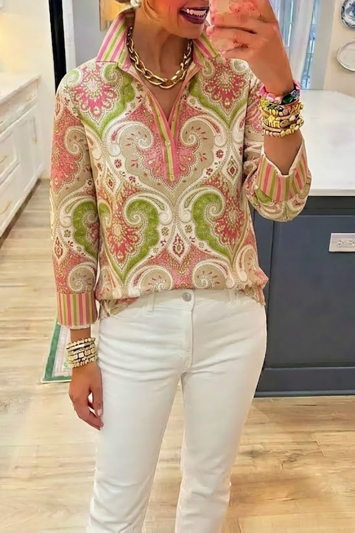 Vintage Paisley Half Placket Cuffed Top